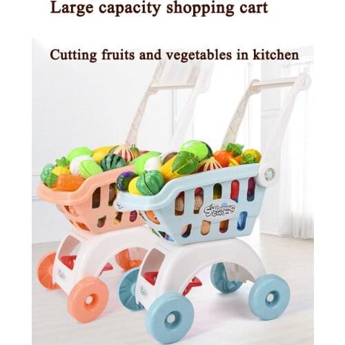 Childrens Supermarket Shopping Cart Pushcart Toy Basket Vegetables And Fruits Simulation Food Fake Toy Kitchen Housemaid Toy