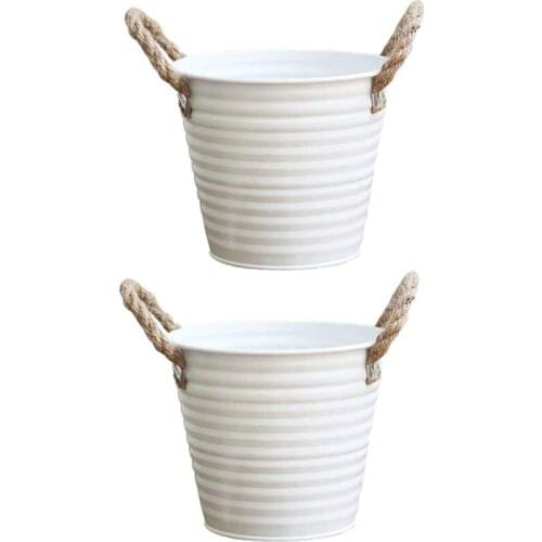 2Pcs Vintage Metal Round Bucket Planter With Handles Rustic Iron Flower Pot Garden Home Decor