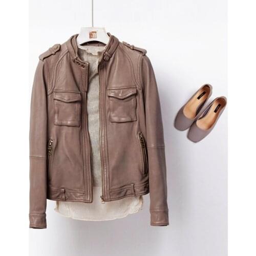 Jacket Women 100% Tanned Sheepskin 8 Colors Leather Coat Zipper Long Sleeves Pockets Jacket Classic Design New Fashion