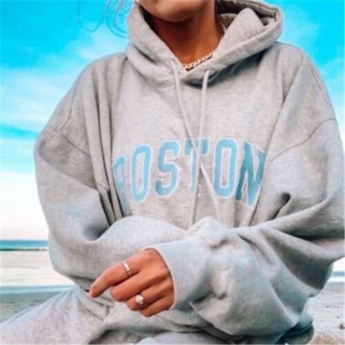 Letter Print Hoodie Women Vintage Gray Hooded Hoodies Female 2021 Autumn New Casual Loose Streetwear Ladies Pullover Top Women