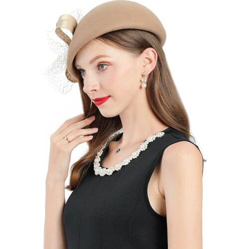 Fedoras Hats For Women Church Hats Khaki Fascinator Elegant Wool Hats Female Bow-knot Decorate Cocktail Tea Party Hair Clip Hats