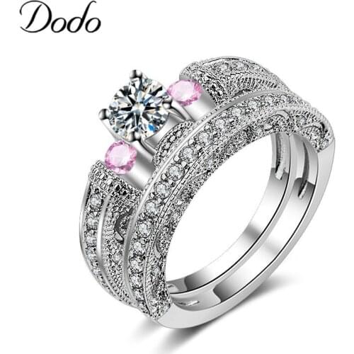 Trendy Exaggerated 585 White Gold Color Couple Rings For Women With 2 Pink Zircon Ring Sets Wedding Jewelry Anillos Mujer DM040