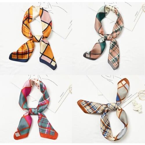 Yishine Wholesale 20pcs 4 Colors Multifunction Plaids Dots Women Satin Wraps Scarves Shawl Polyester Silk Scarf Handkerchief