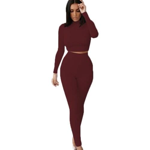 Solid-Color Long Sleeves Round Neck Crop Tops & Trousers Women Two Piece Outfits 2020 Autumn Simple Style Casual Suits