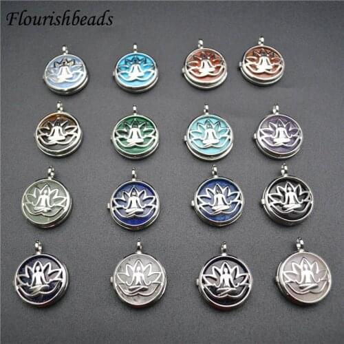 Natural Stone Lotus Sitting Buddha Round Cabochon Metal Hollow Out Necklace Pendant Fashion Energy Jewelry Findings 10pc Per Lot