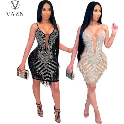 VAZN 2021 Glitter Sleeveless See Thought Elegant Mini Party Dresses Sexy Club Birthday Dress Women Elegant Fashion Dress