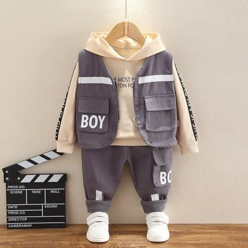 2021 Autumn Spring Kids Casual Fashion Clothes Sets New Toddler Boys Girls Zipper Vest+Letter Hoodie+Tooling Pants Baby Suits