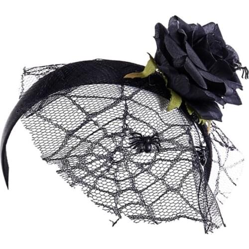 Halloween Day of the Dead Headband Velvet Bloomy Rose Flower Hair Hoop Horror Skull Spider Cosplay Festival Headpiece