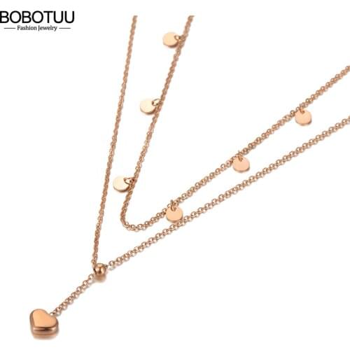 BOBOTUU Original Design Double Layer Heart Charm Pendant Necklaces For Women Fashion Stainless Steel Choker Necklace BN20155