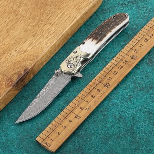 Damascus blade folding pocket knife, train hunter knife, camping hunting knife, outdoor tool EDC antlers