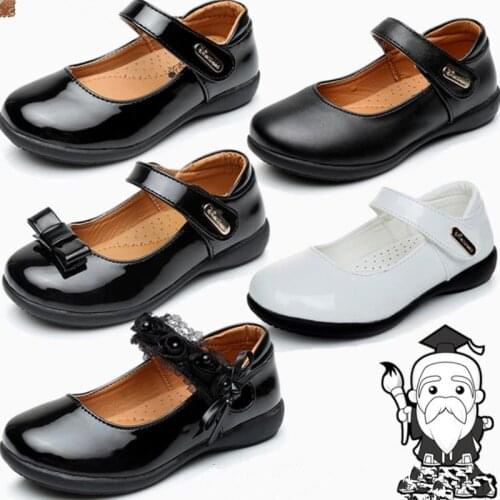 JY Childrens Leather Girls Shoes Princess Black White Bows Student School Etiquette Performance 26-40
