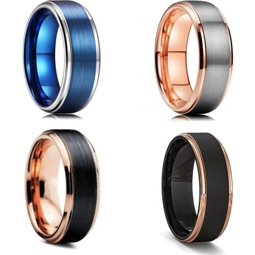 FDLK Fashion 8mm Black and Rose Gold Stainless Steel Ring Surface Black Brushed Fashion Mens Wedding Band Jewelry Size 6-13