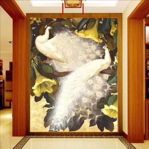 Custom mural Custom High definition White Peacock painting wallpaper retro classical European wallpaper mural