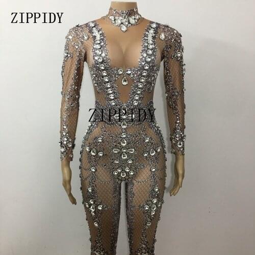 Sparkly Crystals Jumpsuit Big Rhinestones Stretch Bodysuit Performance Womens Birthday Celebrate luxurious Sexy Costume Wear