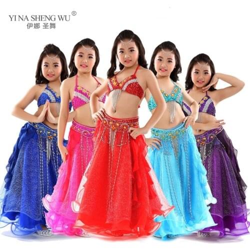 Girls Belly Dance Costume 2pcs (Bra Belt) Suit Children Performance Bellydance Oriental Set Danceing Clothes Wear For Kids