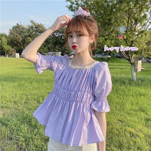 Hstar Summer Elegant Feminina Puff Sleeve Tops Women Korean Purple Plested Design Square Collar Simple Basic Ladies Blusas