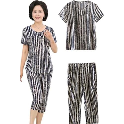 Summer Milk silk short-sleeved suit middle-aged women plus size print tops +pants suit grandmother loose 2 pieces suits