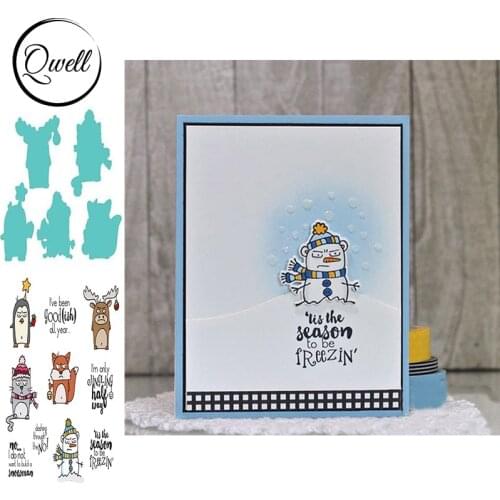 QWELL Animals Penguin Fox Mouse Elk Snowman Metal Cutting Dies With Clear Stamps Words Phrase DIY Scrapbooking Craft Cards 2020