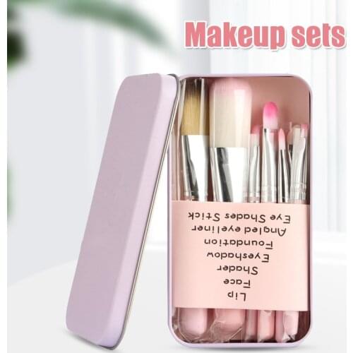 7pcs Cosmetic Brush Set with Iron Box Portable Pink Beauty Tools with Different Brushes for Makeup Girls WH998