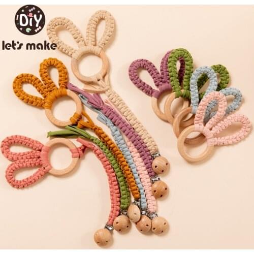Lets make 2pcs/set Baby Braided Pacifier Clips Chain Cotton Material Cute Rabbit Rattle Wood Clips Nipple Holder Soother Chain