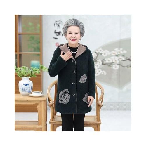 Middle-aged and Elderly Womens Coat Winter Casual Jackets Mid-length Hooded Single-breasted Mink Fleece Jacket Outwear Grandma