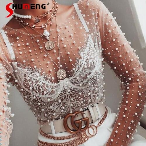 Women Sexy Casual Black Translucent Tops Wear Lady Loose See Through Sheer Mesh Blouses Long Sleeve Summer Club Party Shirts