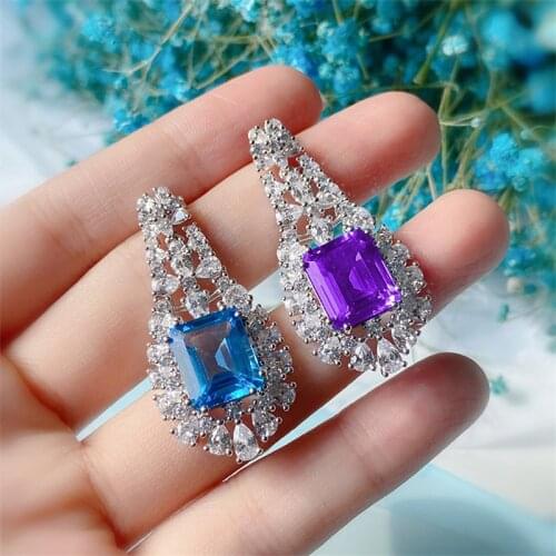 QTT Luxury 925 Sterling Silver Gemstone Womens Pendant Necklace Simple Rectangle Necklace Purple Blue Zircon Jewelry Gift