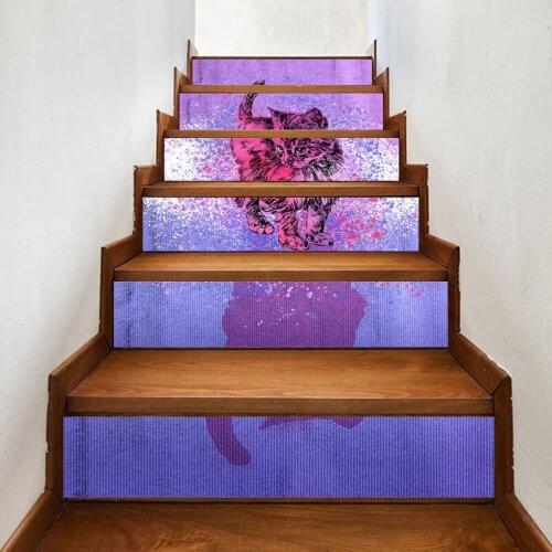 Home Decor DIY Stair Print Purple Cat Environmental Protection Sticker Self Adhesive Art Paper for Living Room PVC Waterproof 3D