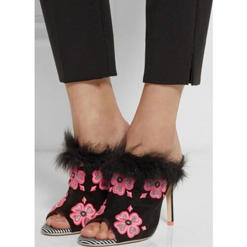 Spring Hot Embroidery Flowers Women Peep Toe Sandals Rabbit Fur Patchwork Ladies Slingback High Heels Female Sexy Dress Shoes