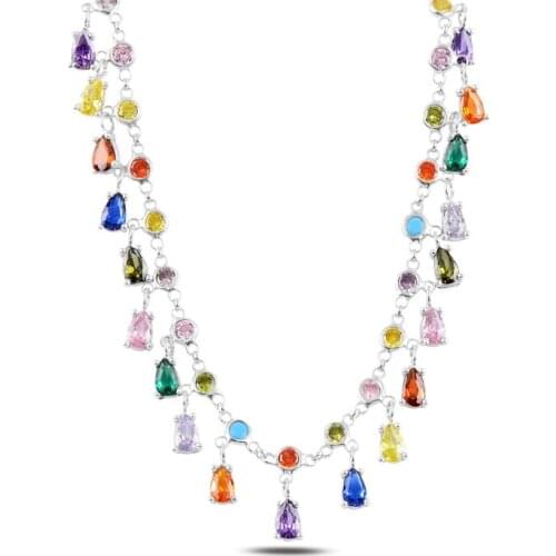 Silver 925 Sterling Dangle Colorful Zircon Stone Necklace