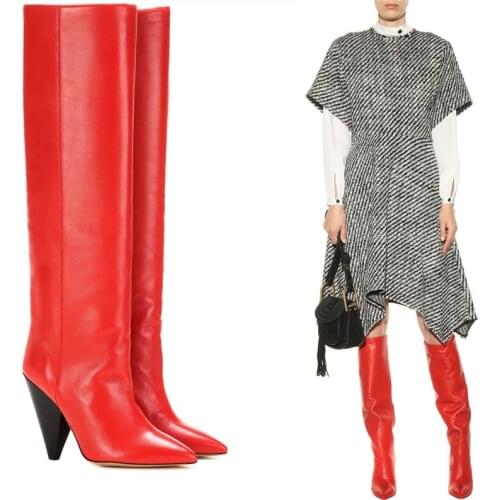 2017 New Designer Knee High Boots Black/Red Soft Leather Spike High Heels Long Boots Fall Winter Women Boots Pointed Toe Shoes