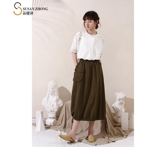 Women Skirt Female Designer Minimalist Fall Spring Ball Gown Vintage Plaid Check Cotton Elastic Waist Side Draped Pockets Calf