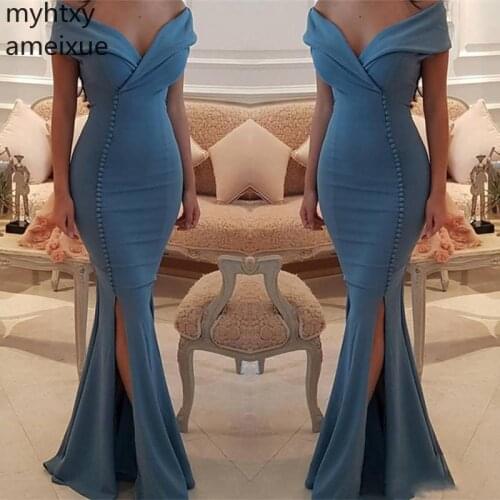 Sexy Off The Blue Mermaid Prom Dresses Side 2021 Split Sexy Satin Floor Length Evening Gowns Pleats Cheap Formal Dress Elegant