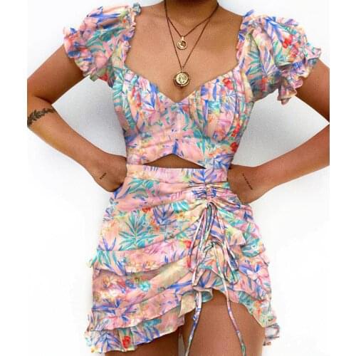 Women Cutout Front Ruched Puff Sleeve Print Ruffles Drawstring Dress