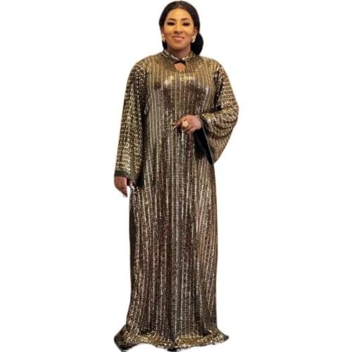 Gold Sequined African Womens Large Size Dress Muslim Abaya Spring 2021 New Fashion African Long Sleeve Clothing Vestidos