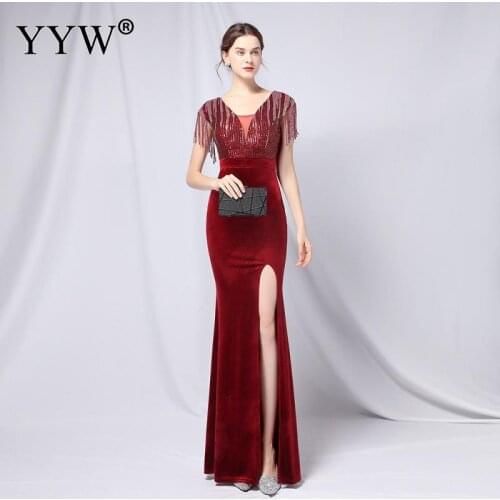 Crystal Beading V Neck Evening Dresses Women Tassel Sequines Long Party Dress High Slit Formal Gowns Sleeveless Velvet Vestidos