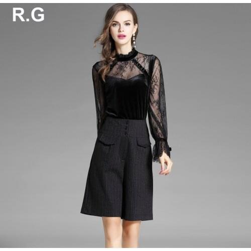 RG Womens Beautiful Lace Velvet Tops and Blouses Elegant Ruffle Cuff Office Wear Blouses Female Plus Size XL Spring Autumn 2018