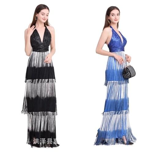European and American Deep V Sequin backless gradient tassel sexy long evening dress annual party dress