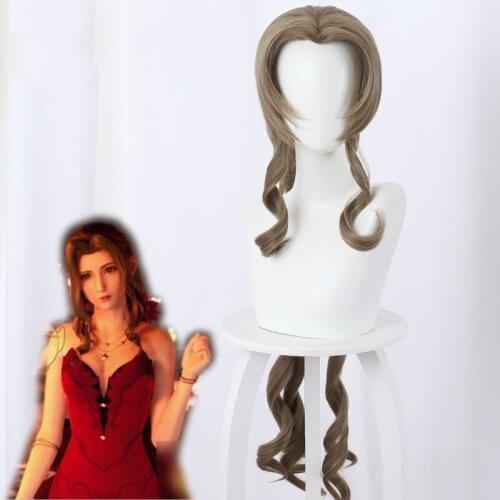 Final Fantasy VII FF7 Aerith Gainsborough Cosplay Wig With Hairpin Brown Long Heat Resistant Synthetic Hair Peruca + Wig Cap