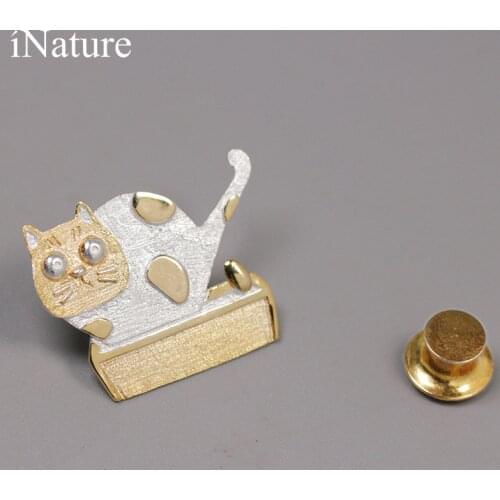 INATURE 925 Sterling Silver Cute Cat Brooches Pins Shirt Bag Funny Animal Badge Jewelry Gift