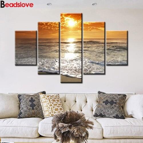 5 Panels Sunsets Natural Sea Beach Landscape,diamond painting,Multi-Picture,diamond embroidery,mosaic diamonds Wall Art Picture