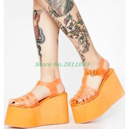 Candy Color Flat Platform Woman Sandals Clear PVC Ankle Strap Summer Shoes Round Toe Cutouts Muffin Heel Runway Shoes