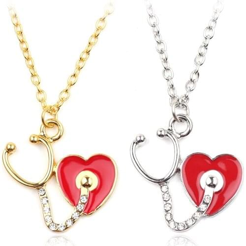 Love heart Stethoscope Pendant neckalce medical jewelry doctor nurse lover gifts gold silver color Chain necklaces dropshipping