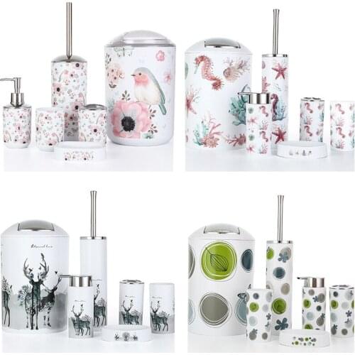 Nordic 6Pcs/Set Printing Bathroom Accessory Set Lotion Dispenser Toothbrush Holder Tumbler Cup Soap Dish Toilet Brush Trash Can