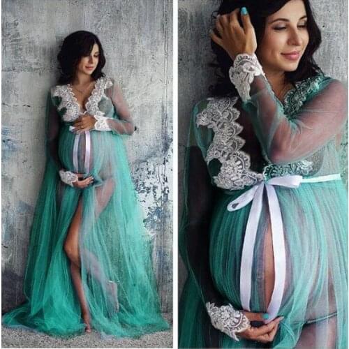 New Lace Maternity Dress Lace front slit Maternity Photography Props pink Pregnancy Dresses Summer Pregnant Photo Shoot dresses