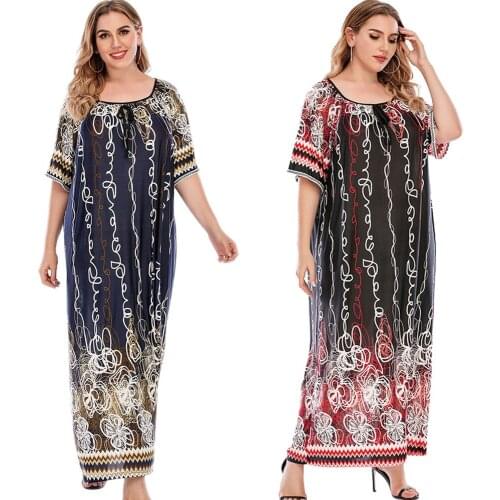 New Plus Size Printed Casual Loose Long Dress Short Sleeve Summer Kaftan For Women Abayas O-neck Arab Vestido Middle East Dubai