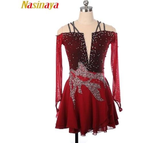 Nasinaya Figure Skating Dress Customized Competition Ice Skating Skirt for Girl Women Kids Gymnastics Performance Wine Red