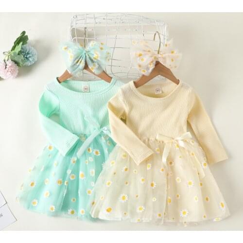 Toddler Spring Autumn Clothing Sweet O-Neck Long-Sleeves Dress with Daisy Printing Hemline + Bow Hairband Infant Kids Girl 1-6 Y
