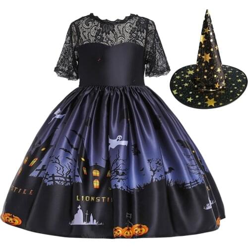 Girls Dresses Halloween Costume For Kids Girl Party Dress Children Girls Pumpkin Lace Witch Printed Cosplay Princess Dress