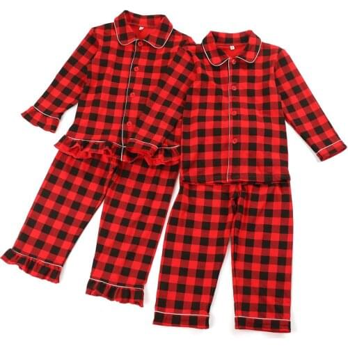 Christmas Buffolo plaid Kids clothing cotton pajamas winter with ruffle girl kids full sleeve pyjamas sleepwear